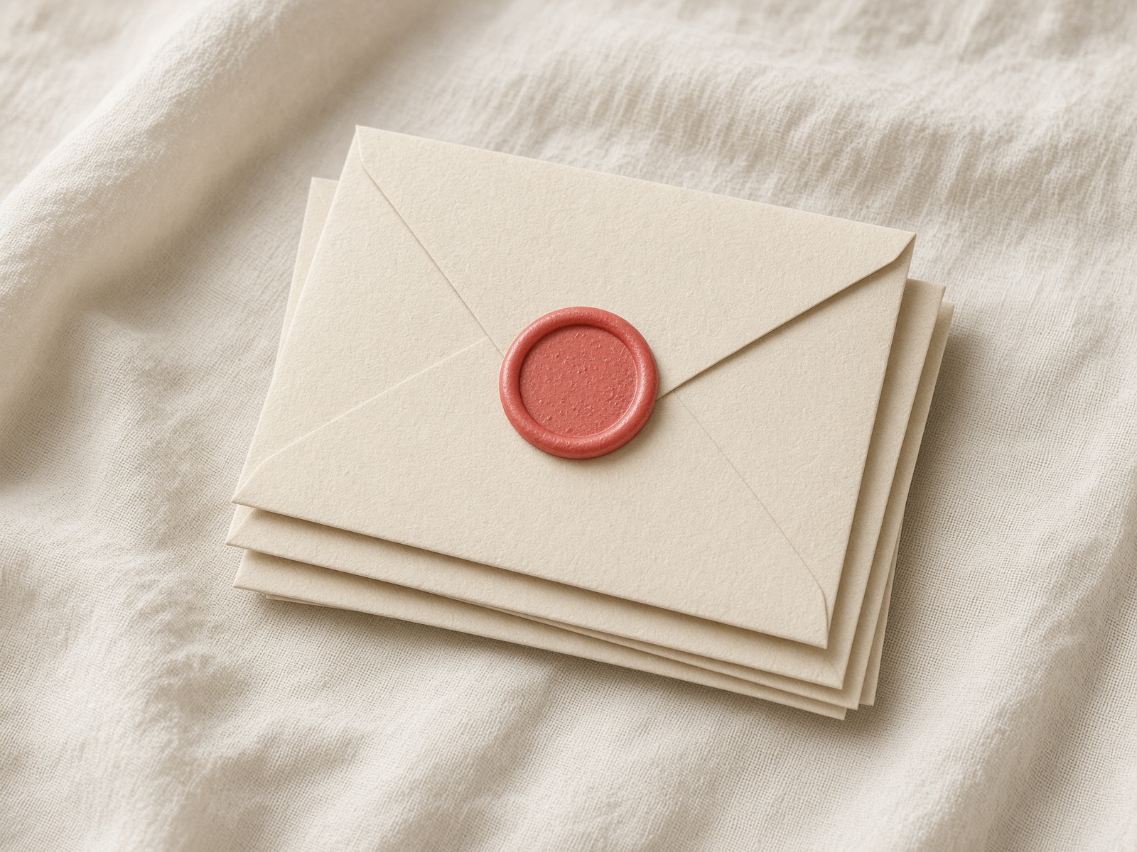 A small stack of cream envelopes with a coral wax seal.