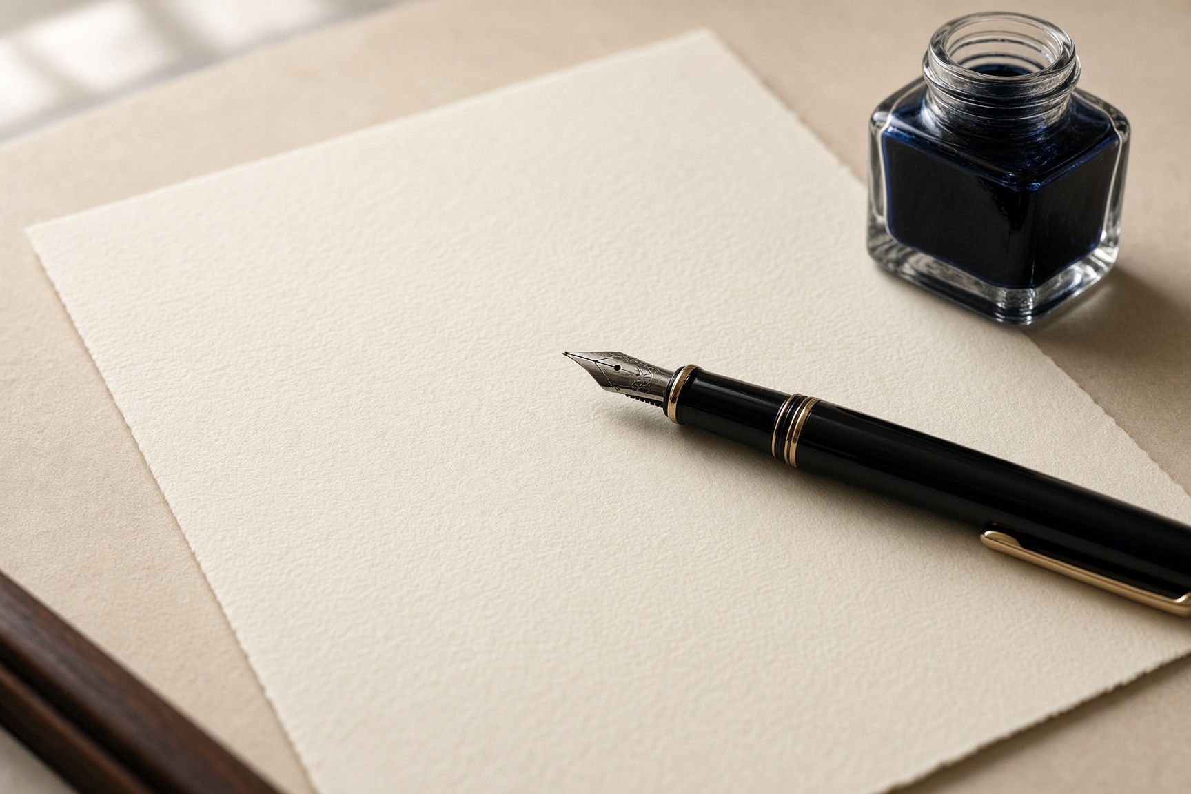A fountain pen and ink bottle on cream stationery. Still-life photography — not a photograph of a PenPost scribe.