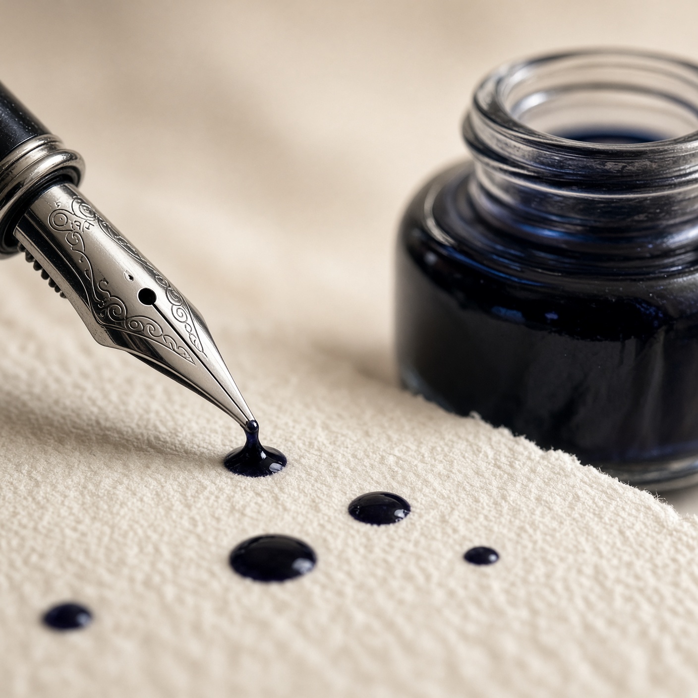 Macro photograph of a steel fountain-pen nib and a bottle of dark ink.